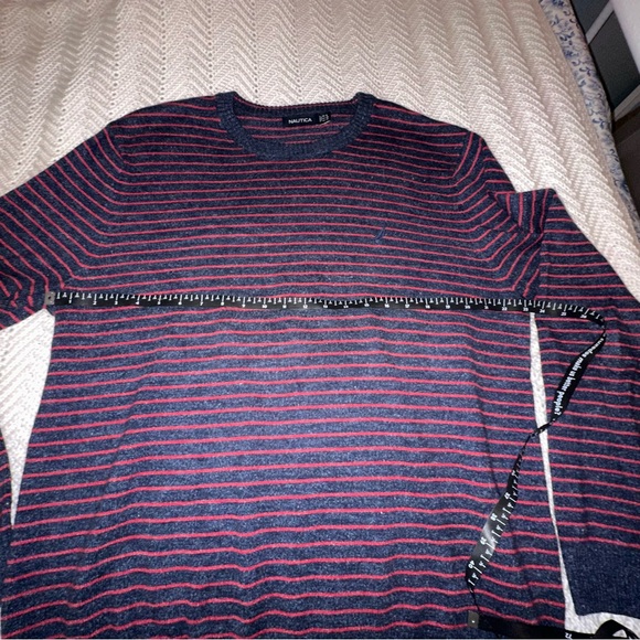 Nautica Crewneck Sweater Blue and Red Stripes - Picture 5 of 7